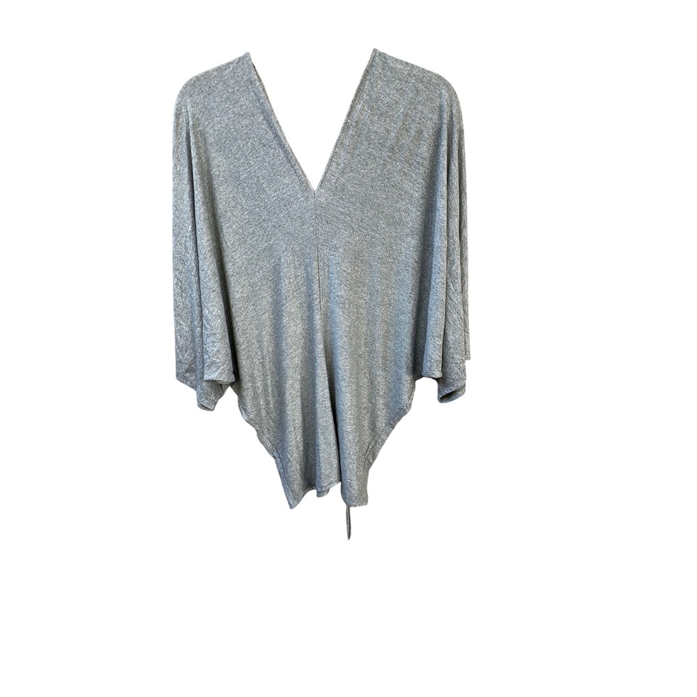 Gray Drawstring‎ Poncho Top V Neck Dolman Sleeve Casual Comfy Blouse